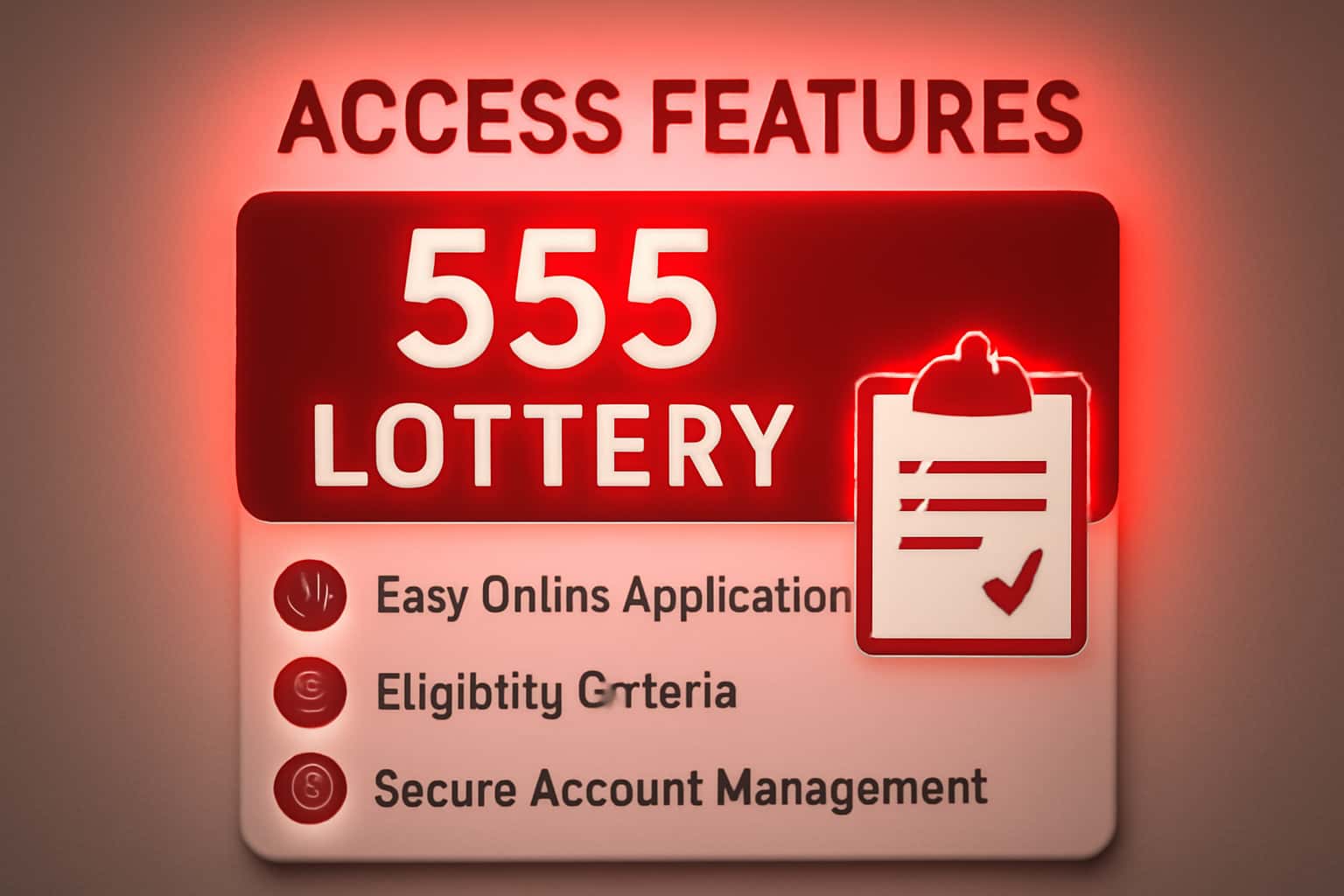 A neutral informational scene depicting the features of Access 555 Lottery.