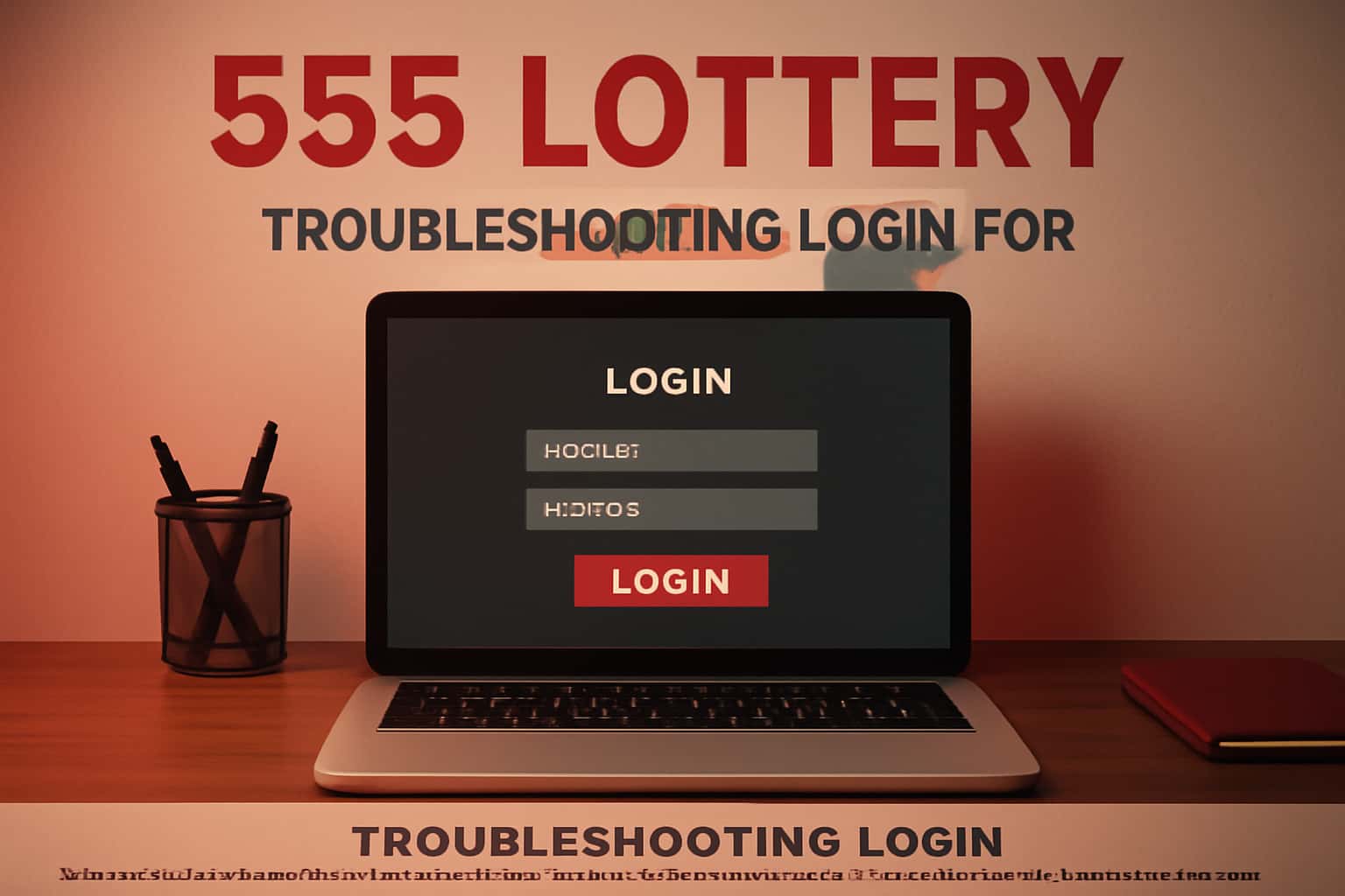 A high-tech graphic representation of troubleshooting login issues for the 555 Lottery platform.